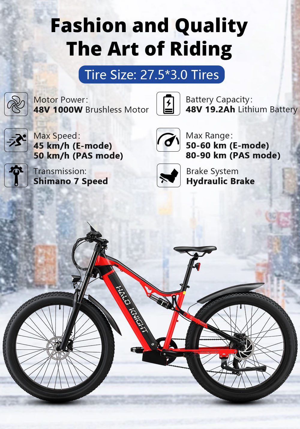 Elektrokolo Halo Knight H03, motor 1000 W, baterie 48 V 19,2 Ah, pneumatiky 27,5*3,0 palce, maximální rychlost 50 km/h, maximální dojezd 90 km, hydraulické brzdy, řazení Shimano 7 rychlostí - červené