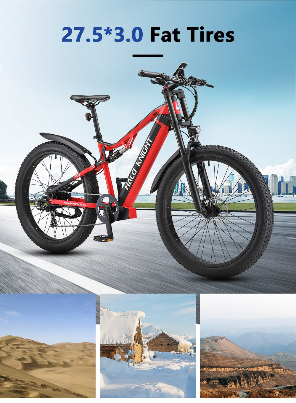 Elektrokolo Halo Knight H03, motor 1000 W, baterie 48 V 19,2 Ah, pneumatiky 27,5*3,0 palce, maximální rychlost 50 km/h, maximální dojezd 90 km, hydraulické brzdy, řazení Shimano 7 rychlostí - červené