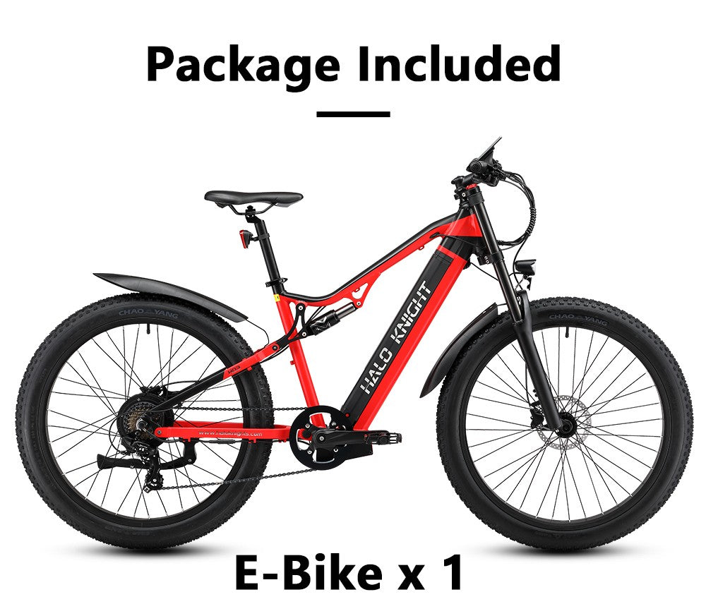 Elektrokolo Halo Knight H03, motor 1000 W, baterie 48 V 19,2 Ah, pneumatiky 27,5*3,0 palce, maximální rychlost 50 km/h, maximální dojezd 90 km, hydraulické brzdy, řazení Shimano 7 rychlostí - červené