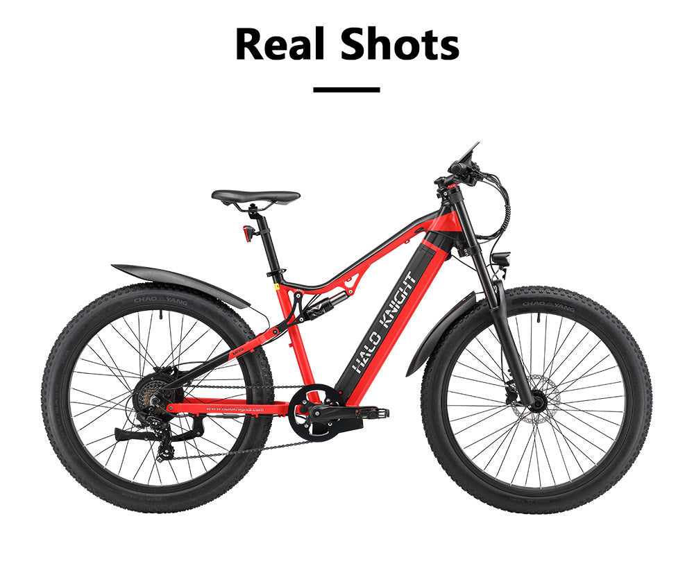 Elektrokolo Halo Knight H03, motor 1000 W, baterie 48 V 19,2 Ah, pneumatiky 27,5*3,0 palce, maximální rychlost 50 km/h, maximální dojezd 90 km, hydraulické brzdy, řazení Shimano 7 rychlostí - červené
