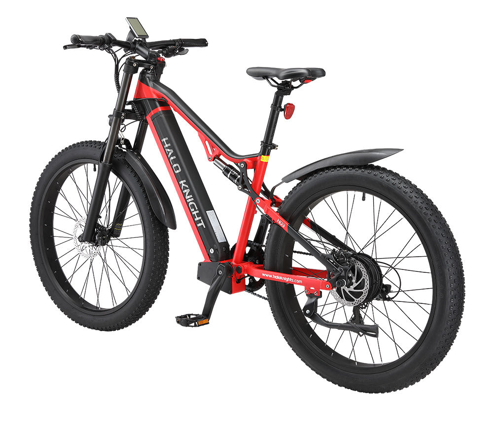 Elektrokolo Halo Knight H03, motor 1000 W, baterie 48 V 19,2 Ah, pneumatiky 27,5*3,0 palce, maximální rychlost 50 km/h, maximální dojezd 90 km, hydraulické brzdy, řazení Shimano 7 rychlostí - červené