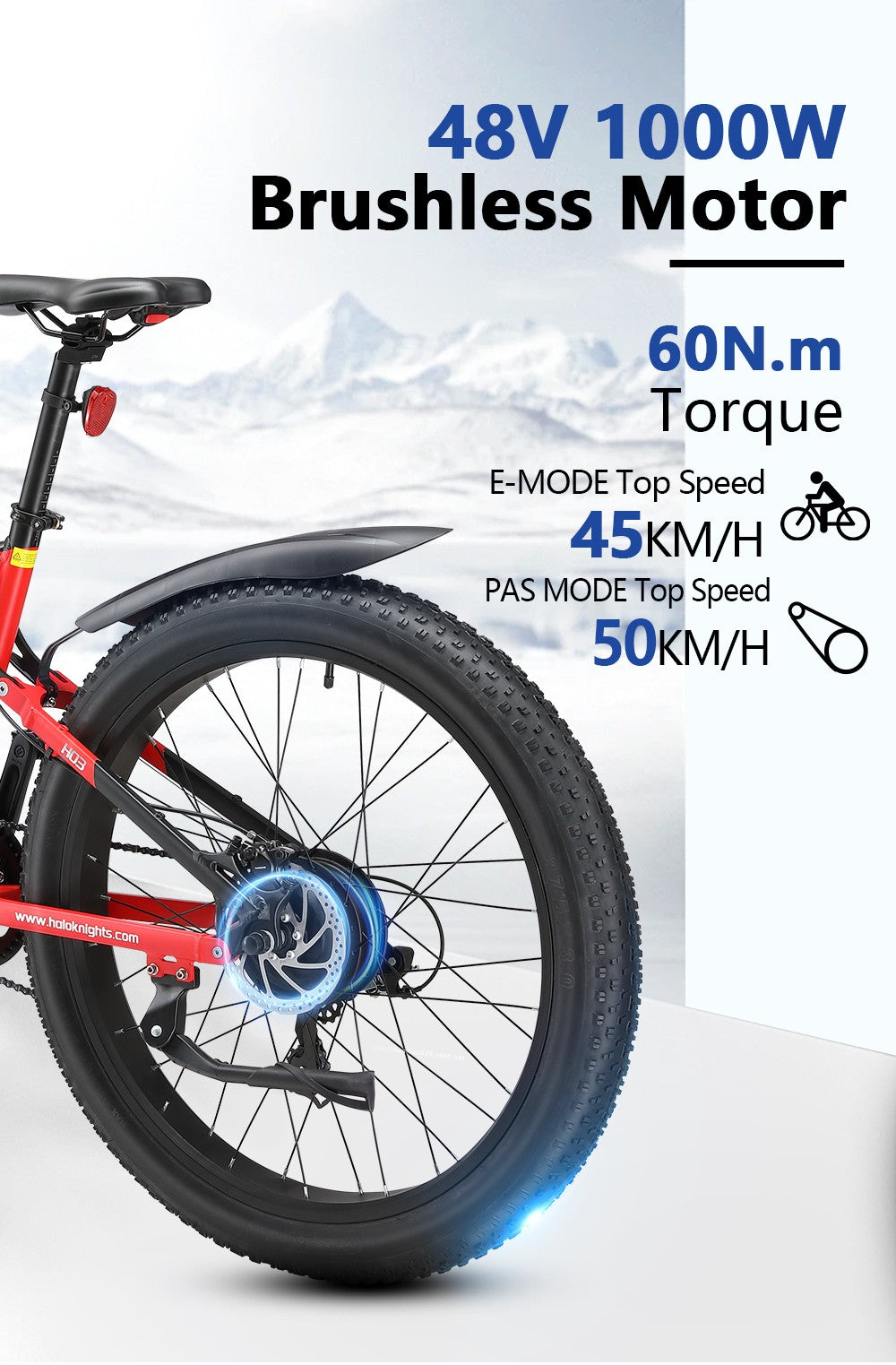 Elektrokolo Halo Knight H03, motor 1000 W, baterie 48 V 19,2 Ah, pneumatiky 27,5*3,0 palce, maximální rychlost 50 km/h, maximální dojezd 90 km, hydraulické brzdy, řazení Shimano 7 rychlostí - červené