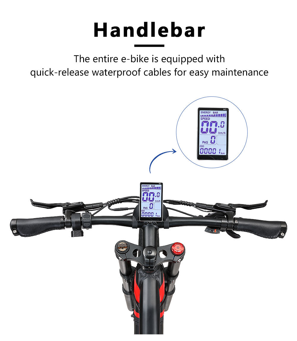 Elektrokolo Halo Knight H03, motor 1000 W, baterie 48 V 19,2 Ah, pneumatiky 27,5*3,0 palce, maximální rychlost 50 km/h, maximální dojezd 90 km, hydraulické brzdy, řazení Shimano 7 rychlostí - červené