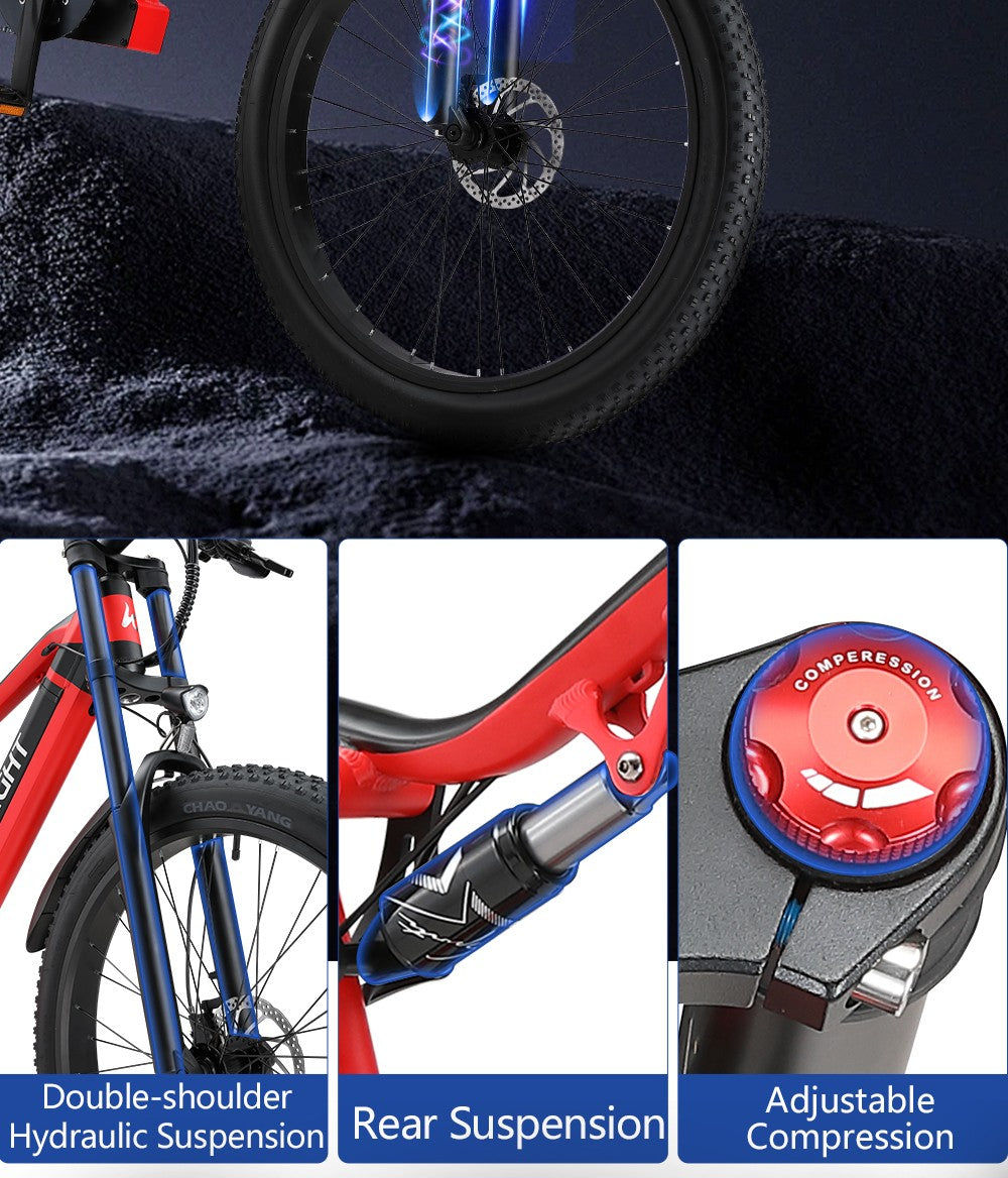 Elektrokolo Halo Knight H03, motor 1000 W, baterie 48 V 19,2 Ah, pneumatiky 27,5*3,0 palce, maximální rychlost 50 km/h, maximální dojezd 90 km, hydraulické brzdy, řazení Shimano 7 rychlostí - červené