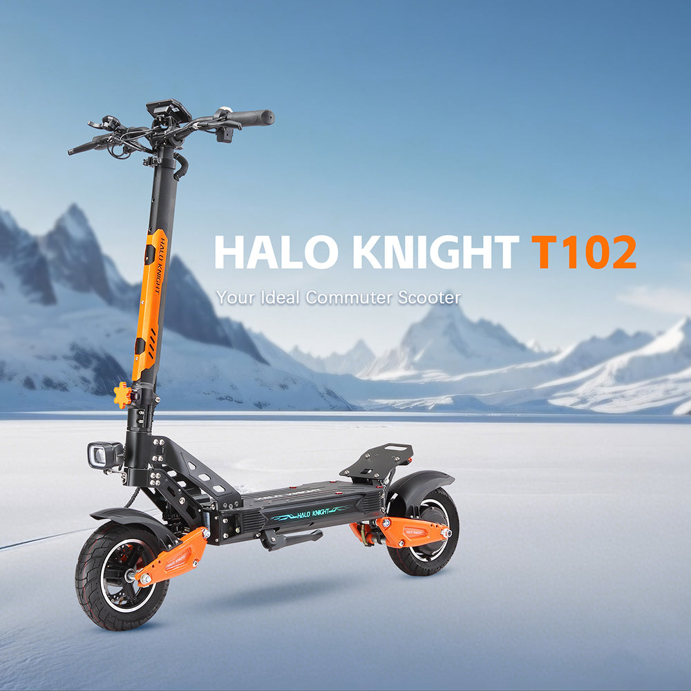 Elektrická koloběžka Halo Knight T102, motor 1200 W, baterie 52 V 21 Ah, 10palcové pneumatiky, maximální rychlost 50 km/h, dojezd 45 km, dvojité kotoučové brzdy, dvojité odpružení