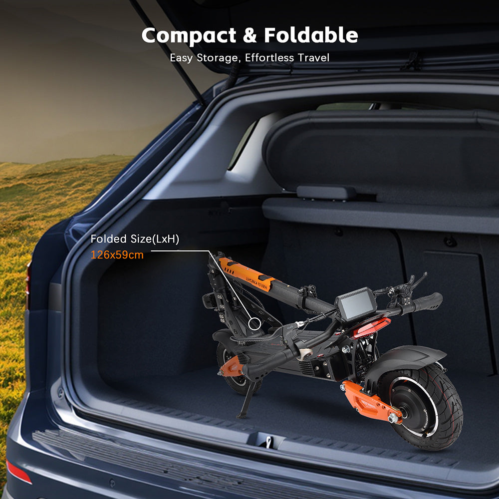 Elektrická koloběžka Halo Knight T102, motor 1200 W, baterie 52 V 21 Ah, 10palcové pneumatiky, maximální rychlost 50 km/h, dojezd 45 km, dvojité kotoučové brzdy, dvojité odpružení