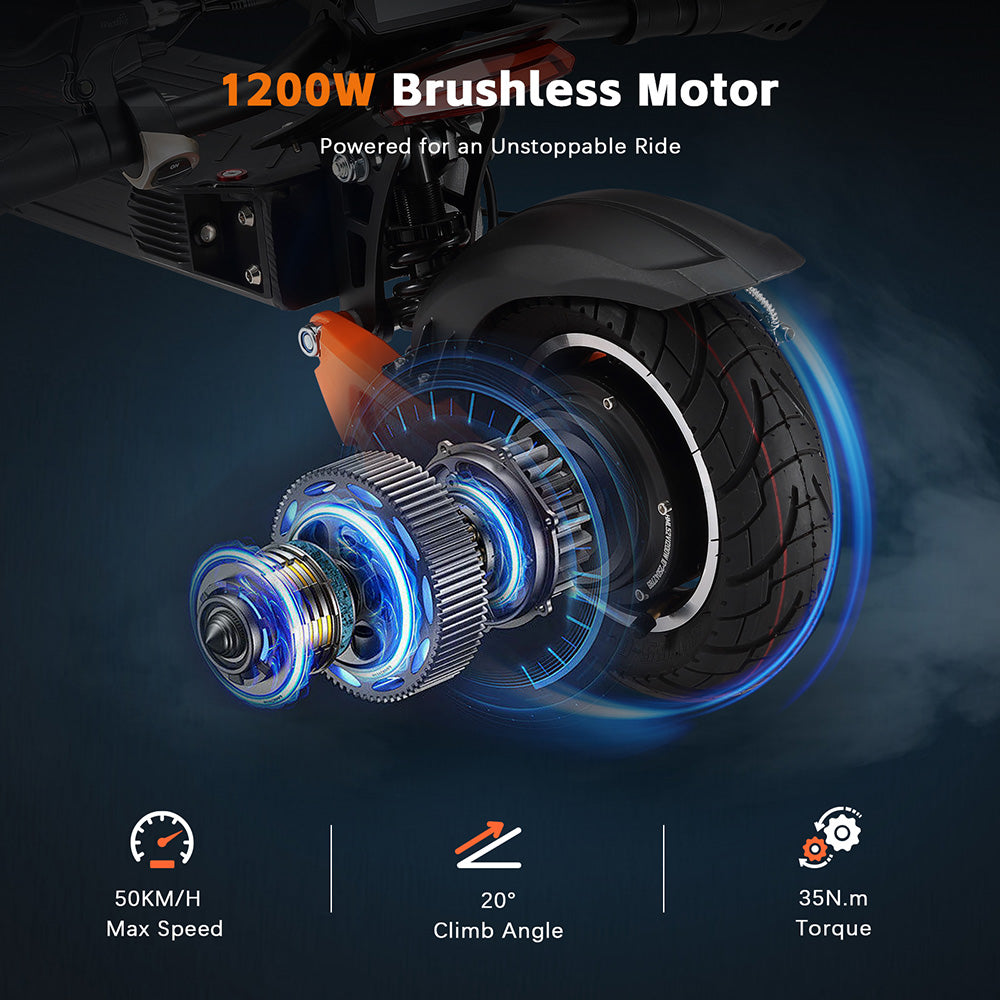 Elektrická koloběžka Halo Knight T102, motor 1200 W, baterie 52 V 21 Ah, 10palcové pneumatiky, maximální rychlost 50 km/h, dojezd 45 km, dvojité kotoučové brzdy, dvojité odpružení