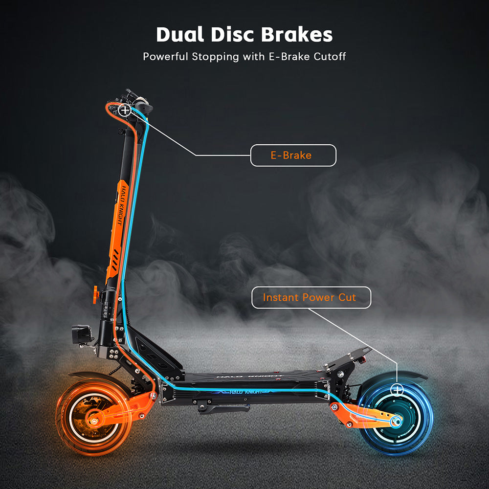 Elektrická koloběžka Halo Knight T102, motor 1200 W, baterie 52 V 21 Ah, 10palcové pneumatiky, maximální rychlost 50 km/h, dojezd 45 km, dvojité kotoučové brzdy, dvojité odpružení