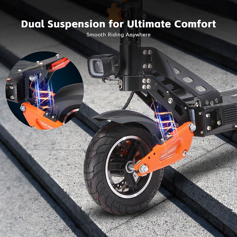Elektrická koloběžka Halo Knight T102, motor 1200 W, baterie 52 V 21 Ah, 10palcové pneumatiky, maximální rychlost 50 km/h, dojezd 45 km, dvojité kotoučové brzdy, dvojité odpružení