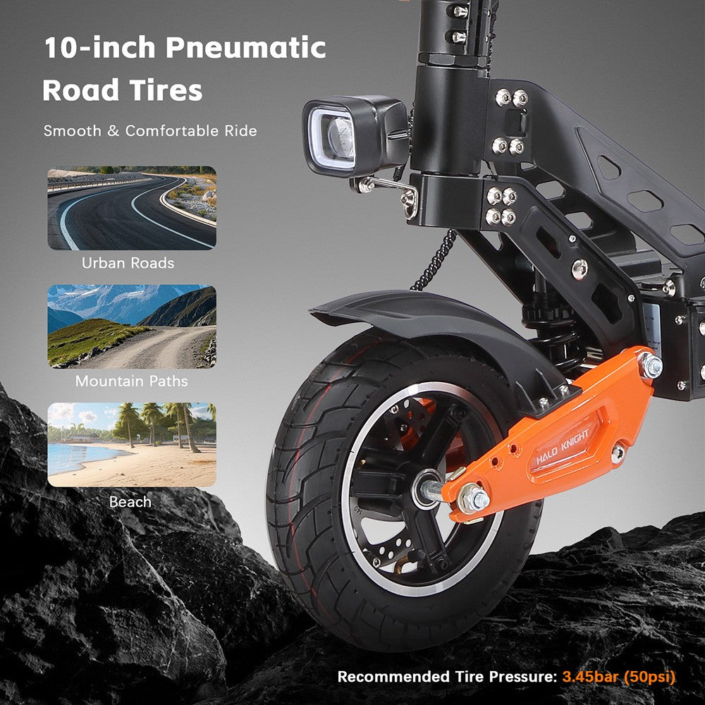 Elektrická koloběžka Halo Knight T102, motor 1200 W, baterie 52 V 21 Ah, 10palcové pneumatiky, maximální rychlost 50 km/h, dojezd 45 km, dvojité kotoučové brzdy, dvojité odpružení