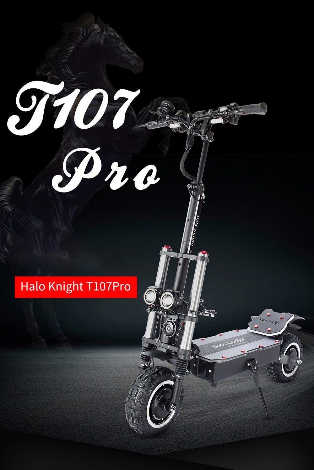 Elektrická koloběžka Halo Knight T107 Pro 11'', terénní pneumatiky, 3000 W * 2, dvojitý motor, maximální rychlost 95 km/h, baterie 60 V, 38,4 Ah, dojezd 80 km