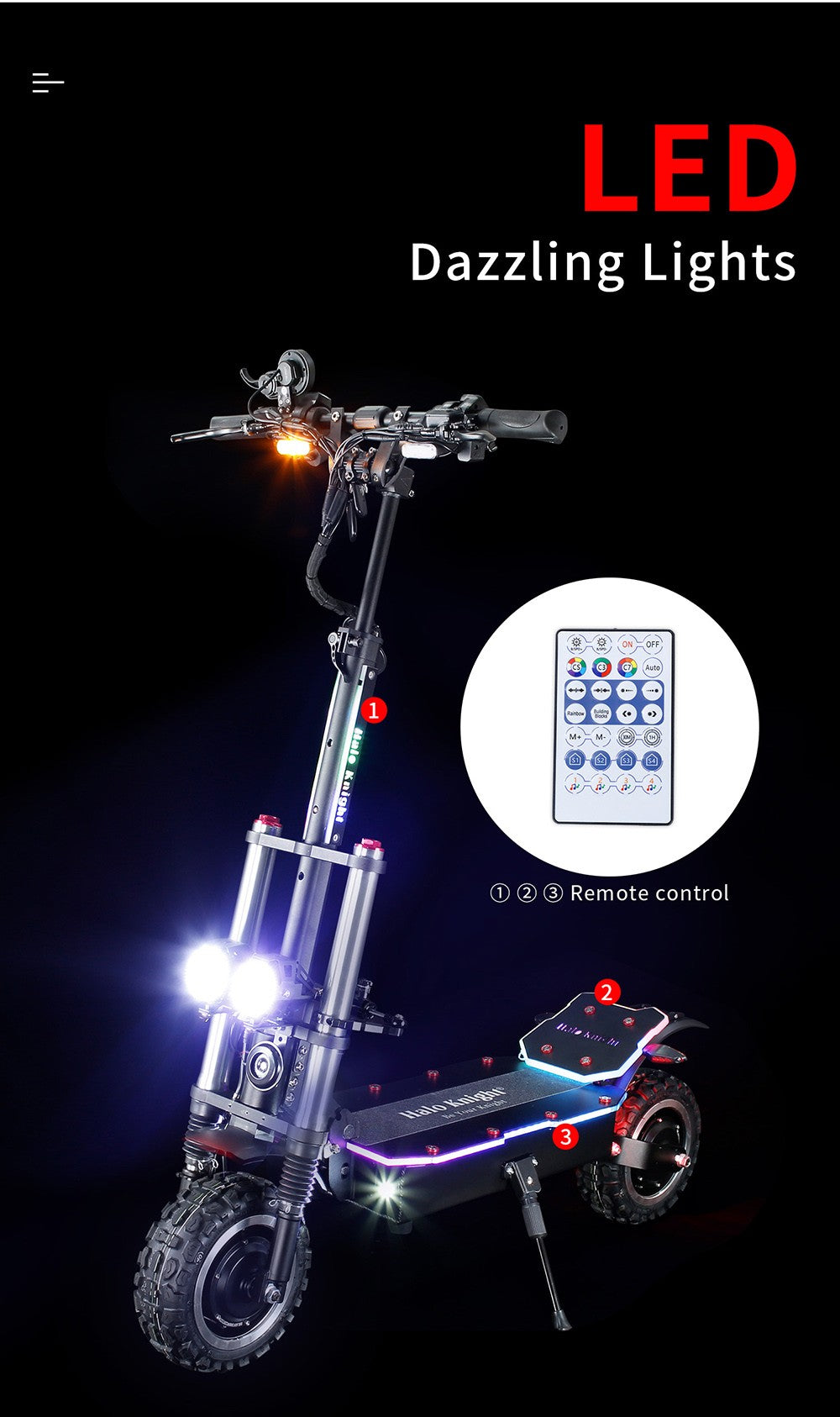 Elektrická koloběžka Halo Knight T107 Pro 11'', terénní pneumatiky, 3000 W * 2, dvojitý motor, maximální rychlost 95 km/h, baterie 60 V, 38,4 Ah, dojezd 80 km