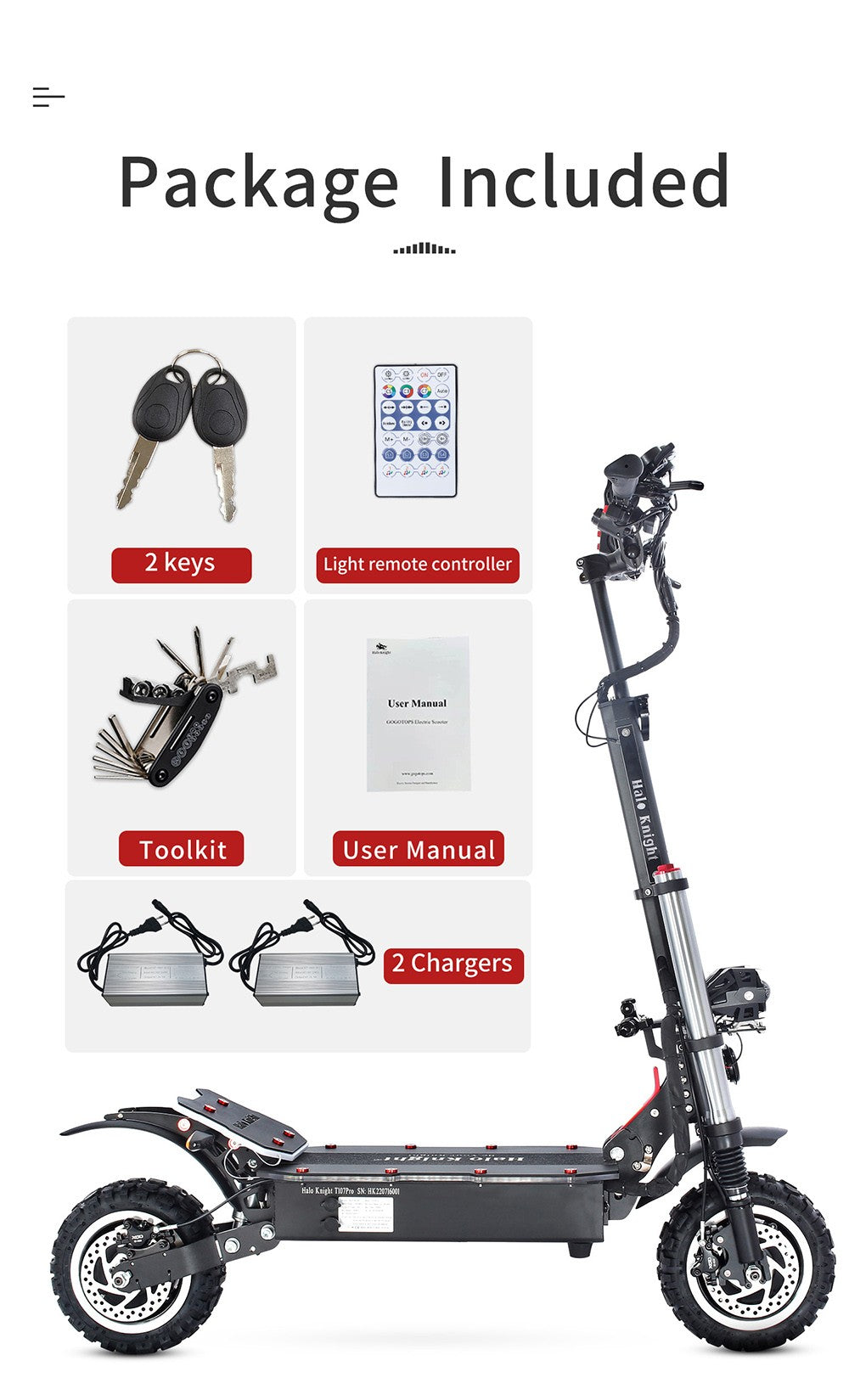 Elektrická koloběžka Halo Knight T107 Pro 11'', terénní pneumatiky, 3000 W * 2, dvojitý motor, maximální rychlost 95 km/h, baterie 60 V, 38,4 Ah, dojezd 80 km