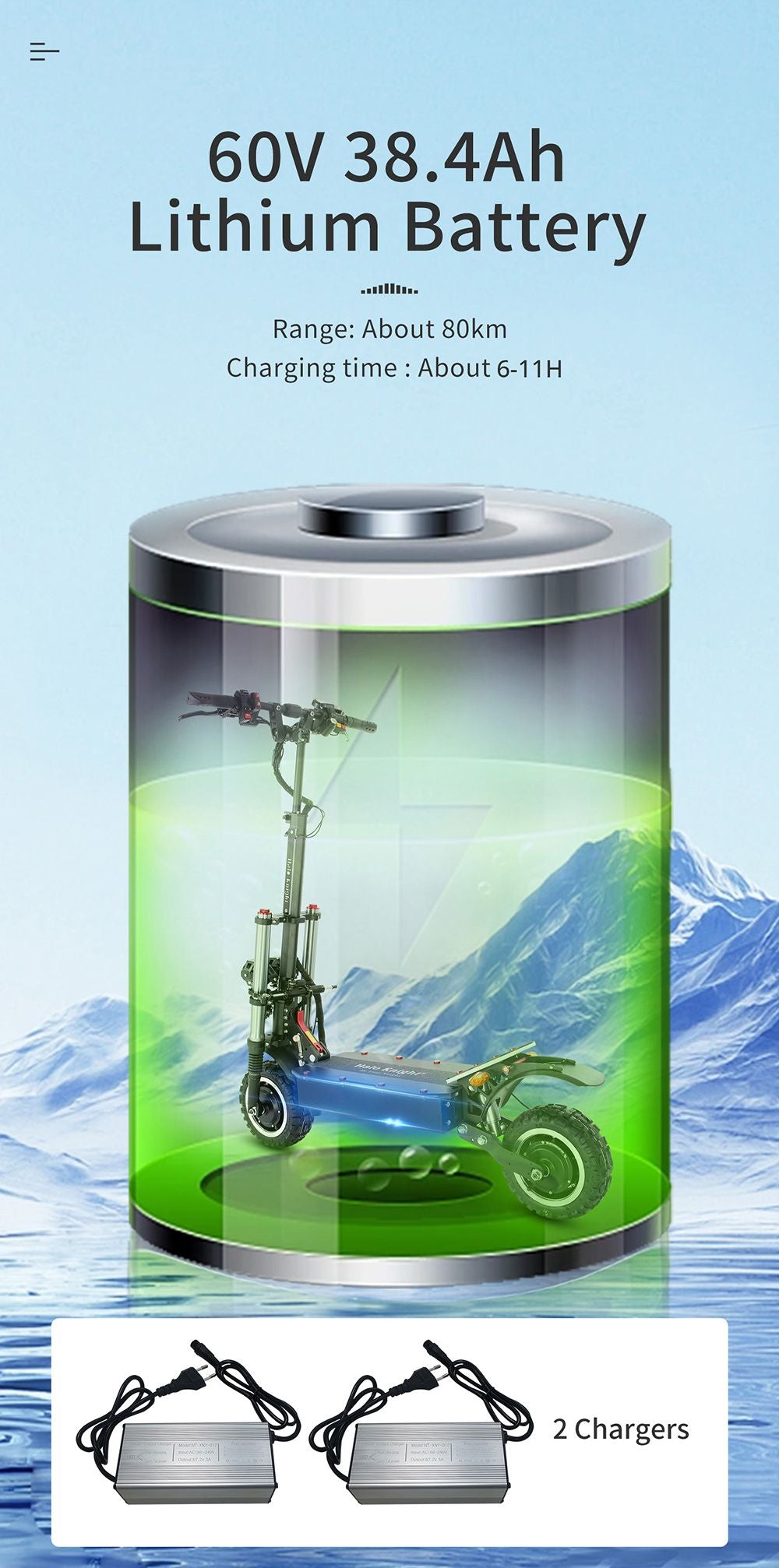 Elektrická koloběžka Halo Knight T107 Pro 11'', terénní pneumatiky, 3000 W * 2, dvojitý motor, maximální rychlost 95 km/h, baterie 60 V, 38,4 Ah, dojezd 80 km