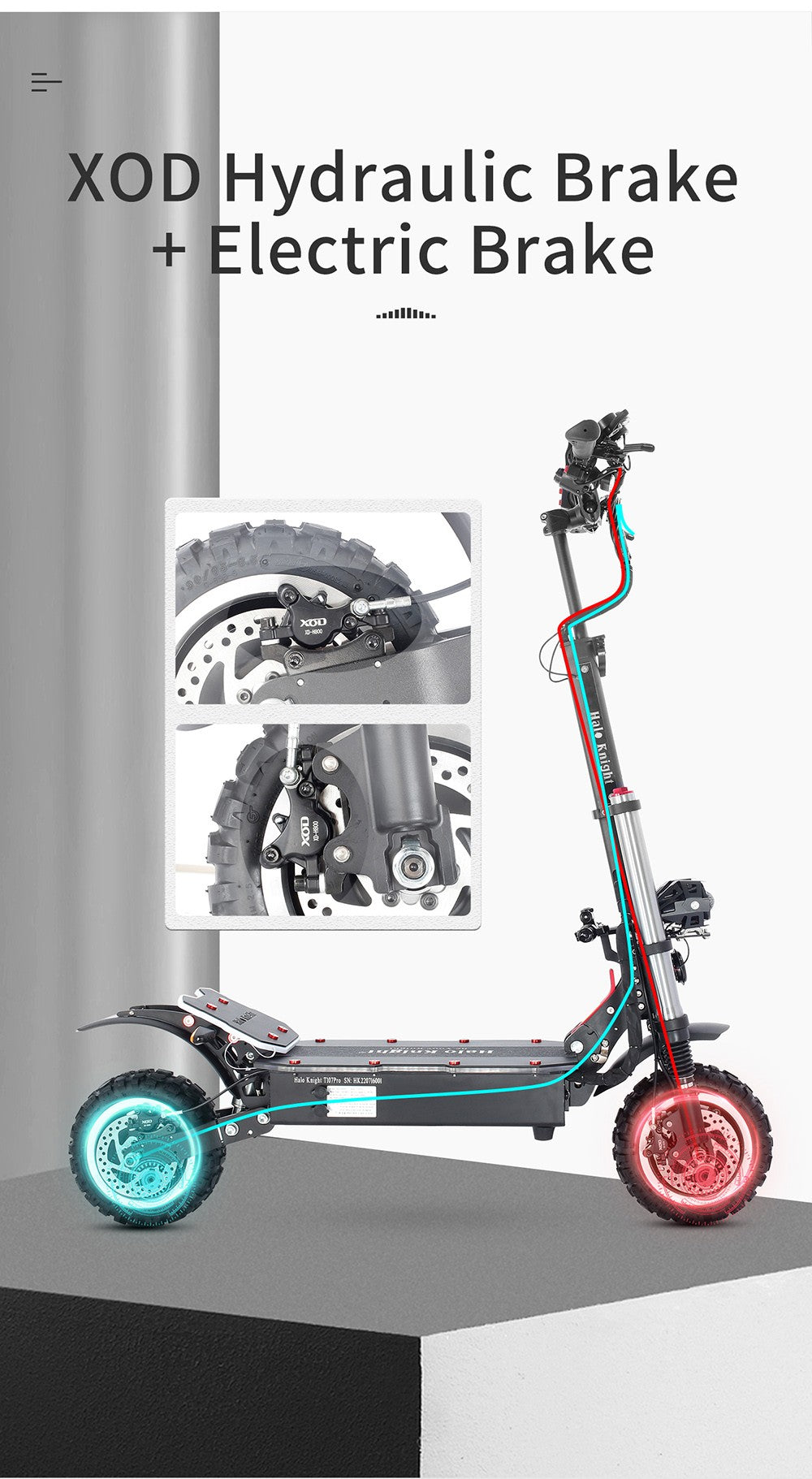 Elektrická koloběžka Halo Knight T107 Pro 11'', terénní pneumatiky, 3000 W * 2, dvojitý motor, maximální rychlost 95 km/h, baterie 60 V, 38,4 Ah, dojezd 80 km