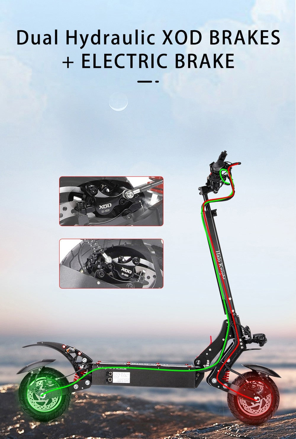 Elektrická koloběžka Halo Knight T108, 10palcové silniční pneumatiky, motor 1000 W * 2, maximální rychlost 65 km/h, baterie 52 V 28,8 Ah, maximální dojezd 60 km