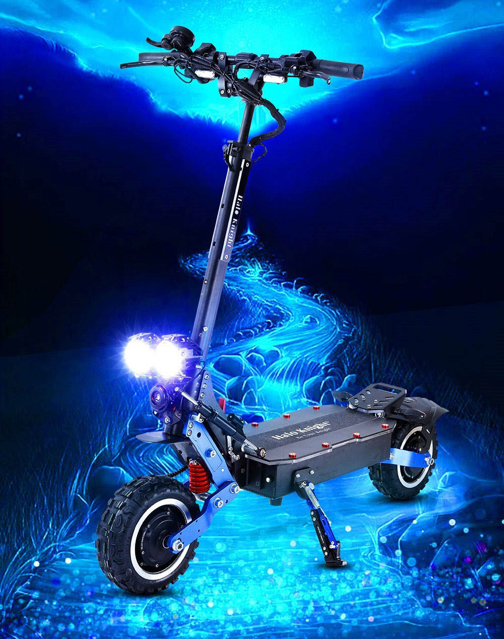 Elektrická koloběžka Halo Knight T108 Pro 11'' terénní pneumatiky 3000W*2 motory maximální rychlost 95 km/h 60V 38,4Ah baterie dojezd 80 km maximální zatížení 200 kg přední a zadní směrové světlo vodotěsnost dvojité hydraulické brzdy elektrická brzda