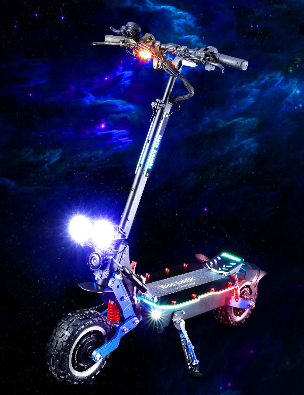 Elektrická koloběžka Halo Knight T108 Pro 11'' terénní pneumatiky 3000W*2 motory maximální rychlost 95 km/h 60V 38,4Ah baterie dojezd 80 km maximální zatížení 200 kg přední a zadní směrové světlo vodotěsnost dvojité hydraulické brzdy elektrická brzda