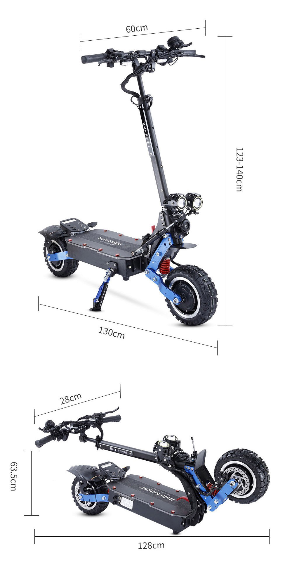 Elektrická koloběžka Halo Knight T108 Pro 11'' terénní pneumatiky 3000W*2 motory maximální rychlost 95 km/h 60V 38,4Ah baterie dojezd 80 km maximální zatížení 200 kg přední a zadní směrové světlo vodotěsnost dvojité hydraulické brzdy elektrická brzda