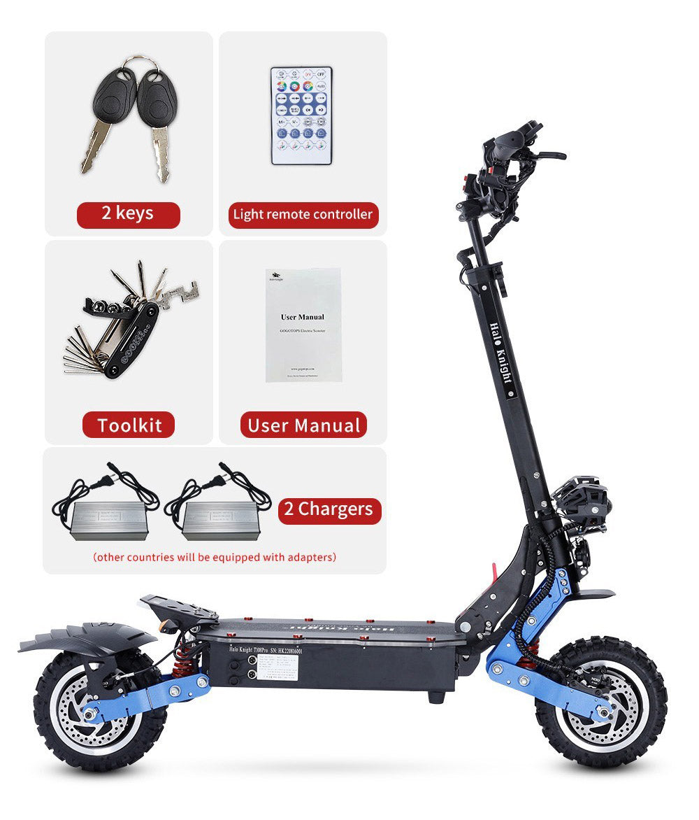 Elektrická koloběžka Halo Knight T108 Pro 11'' terénní pneumatiky 3000W*2 motory maximální rychlost 95 km/h 60V 38,4Ah baterie dojezd 80 km maximální zatížení 200 kg přední a zadní směrové světlo vodotěsnost dvojité hydraulické brzdy elektrická brzda