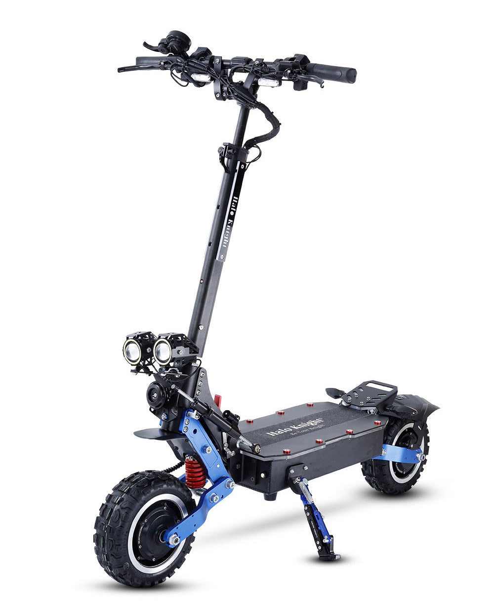 Elektrická koloběžka Halo Knight T108 Pro 11'' terénní pneumatiky 3000W*2 motory maximální rychlost 95 km/h 60V 38,4Ah baterie dojezd 80 km maximální zatížení 200 kg přední a zadní směrové světlo vodotěsnost dvojité hydraulické brzdy elektrická brzda