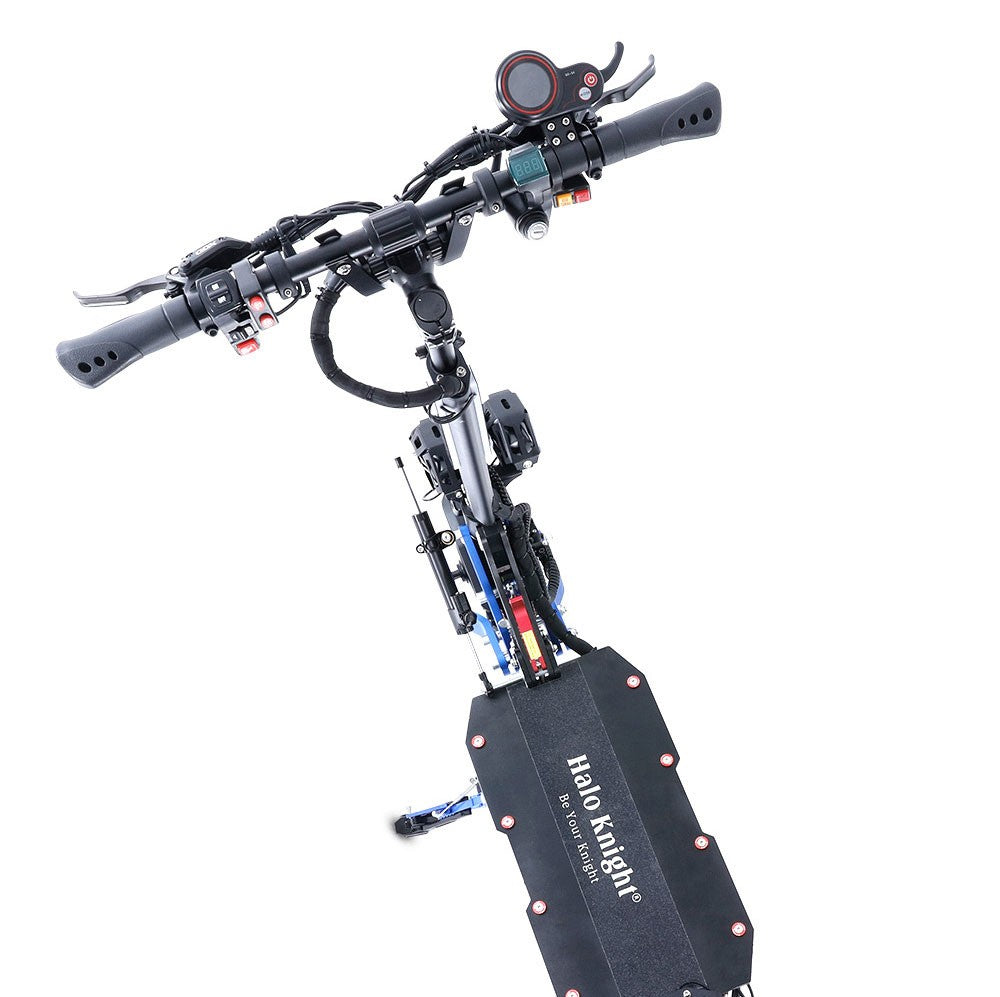 Elektrická koloběžka Halo Knight T108 Pro 11'' terénní pneumatiky 3000W*2 motory maximální rychlost 95 km/h 60V 38,4Ah baterie dojezd 80 km maximální zatížení 200 kg přední a zadní směrové světlo vodotěsnost dvojité hydraulické brzdy elektrická brzda