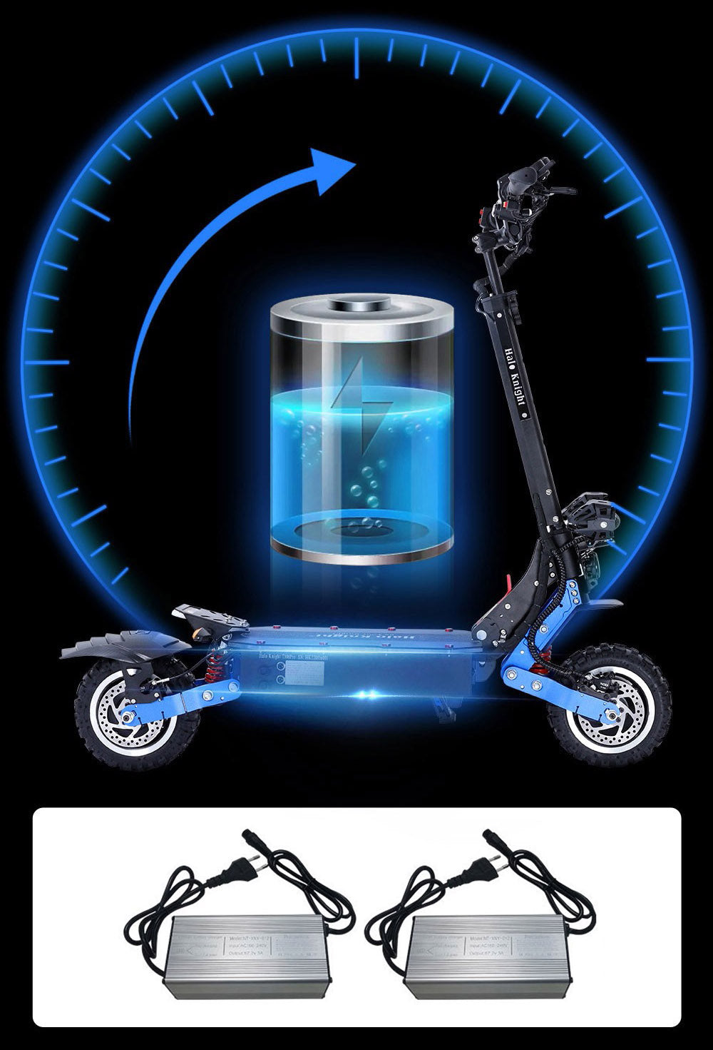 Elektrická koloběžka Halo Knight T108 Pro 11'' terénní pneumatiky 3000W*2 motory maximální rychlost 95 km/h 60V 38,4Ah baterie dojezd 80 km maximální zatížení 200 kg přední a zadní směrové světlo vodotěsnost dvojité hydraulické brzdy elektrická brzda