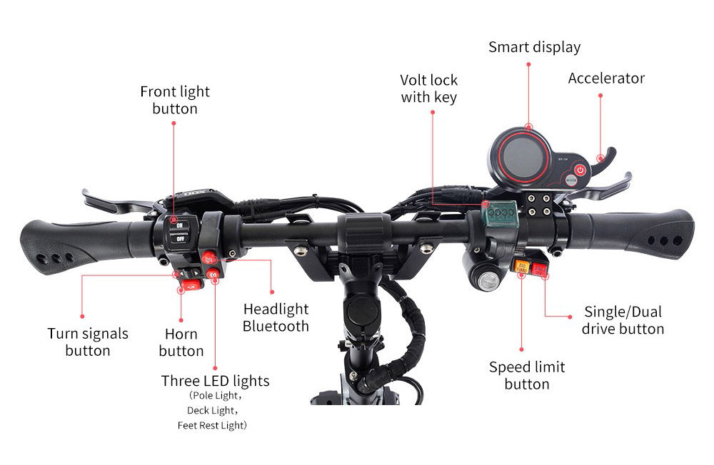 Elektrická koloběžka Halo Knight T108 Pro 11'' terénní pneumatiky 3000W*2 motory maximální rychlost 95 km/h 60V 38,4Ah baterie dojezd 80 km maximální zatížení 200 kg přední a zadní směrové světlo vodotěsnost dvojité hydraulické brzdy elektrická brzda