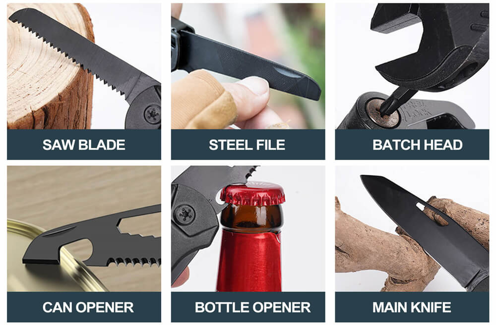 Hanboost M1 12 v 1 multifunkční klíč, kempingové vybavení, víceúčelový kapesní gadget, se šroubovákem, řezací pilou, otvírákem na lahve pro údržbu, kempování, kutily a dárky