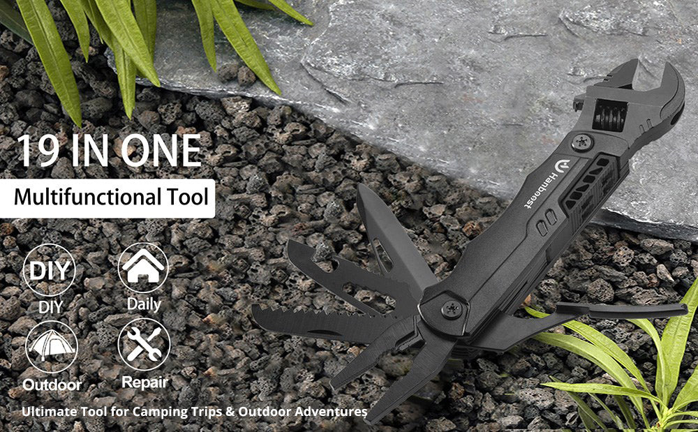 Hanboost 19 v 1 multifunkční klíč, víceúčelové kempingové vybavení, kapesní EDC vychytávka, nastavitelný klíč s kleštěmi, štípačka na drát, řezací pila, otvírák na lahve pro údržbu, kempování a kutily, dárek