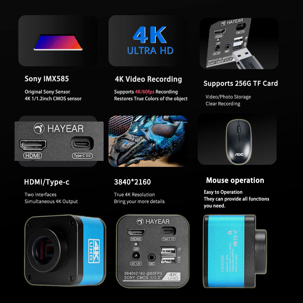 Mikroskopická kamera HAYEAR HY-6800, 4K FHD 60FPS, 1/1,2" SONY IMX585 C-Mount, průmyslový elektronický digitální mikroskop, pájení desek plošných spojů pro opravy telefonů