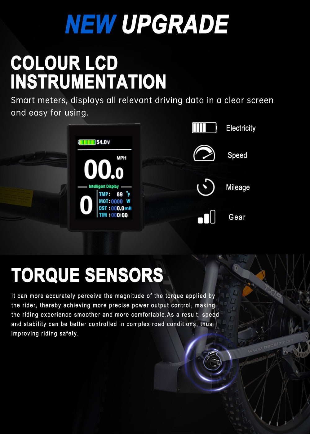 Elektrokolo Heda TX TX19, motor 1000 W, baterie 48 V 19,2 Ah, pneumatiky 29*2,4 palce, maximální rychlost 45 km/h, dojezd 70 km, hydraulické kotoučové brzdy, tlumící přední vidlice, barevný LCD displej, řazení Shimano 27 rychlostí - šedé