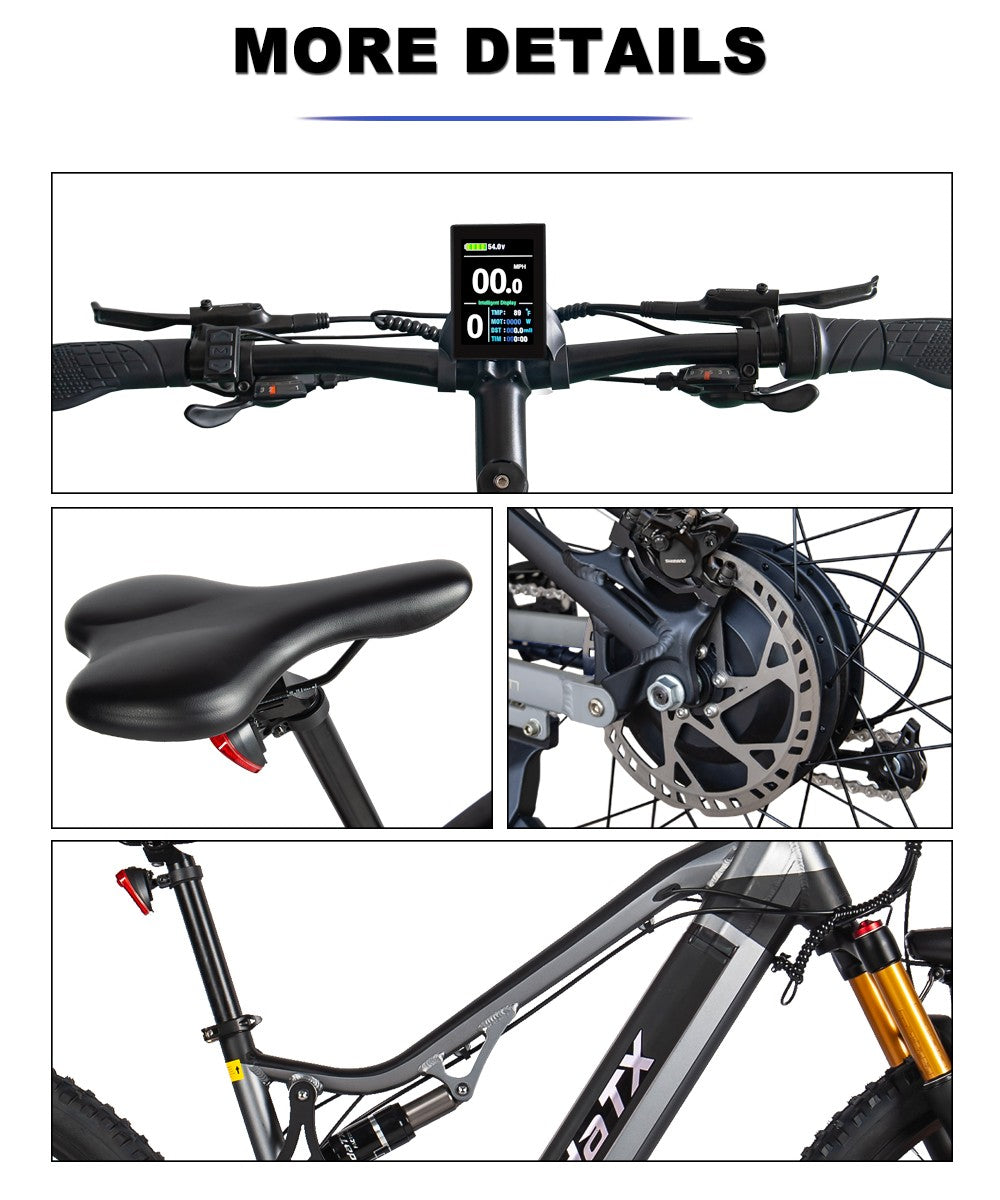 Elektrokolo Heda TX TX19, motor 1000 W, baterie 48 V 19,2 Ah, pneumatiky 29*2,4 palce, maximální rychlost 45 km/h, dojezd 70 km, hydraulické kotoučové brzdy, tlumící přední vidlice, barevný LCD displej, řazení Shimano 27 rychlostí - šedé