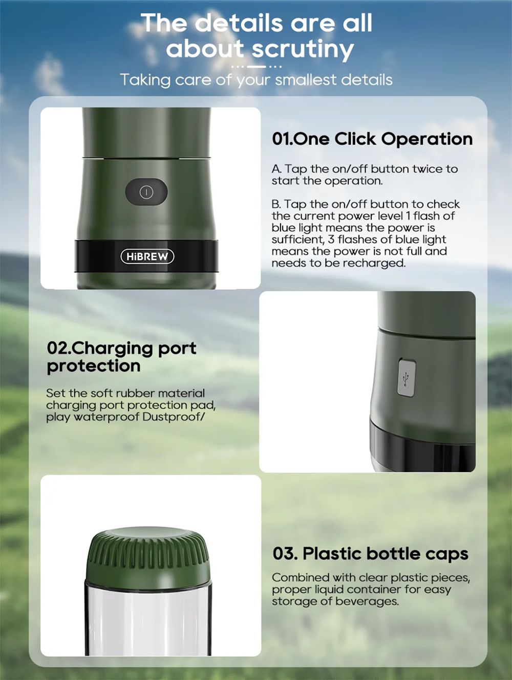 Mlýnek na kávu HiBREW G2 3v1, 2000mAh dvojitý šálek, mixéry na ovoce, odšťavňovače, mixér, drtič ledu, na kempování nebo cesty