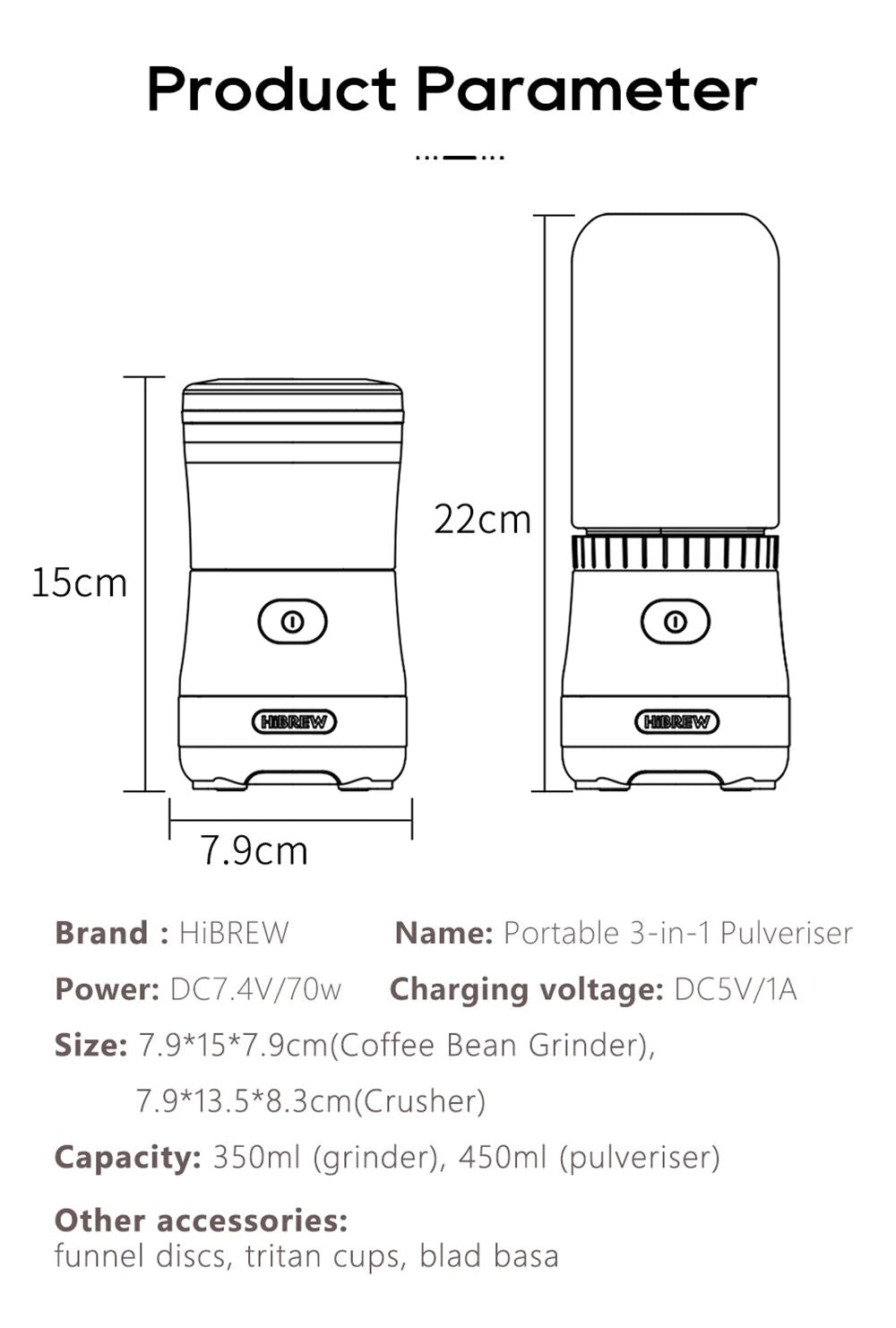 Mlýnek na kávu HiBREW G2 3v1, 2000mAh dvojitý šálek, mixéry na ovoce, odšťavňovače, mixér, drtič ledu, na kempování nebo cesty