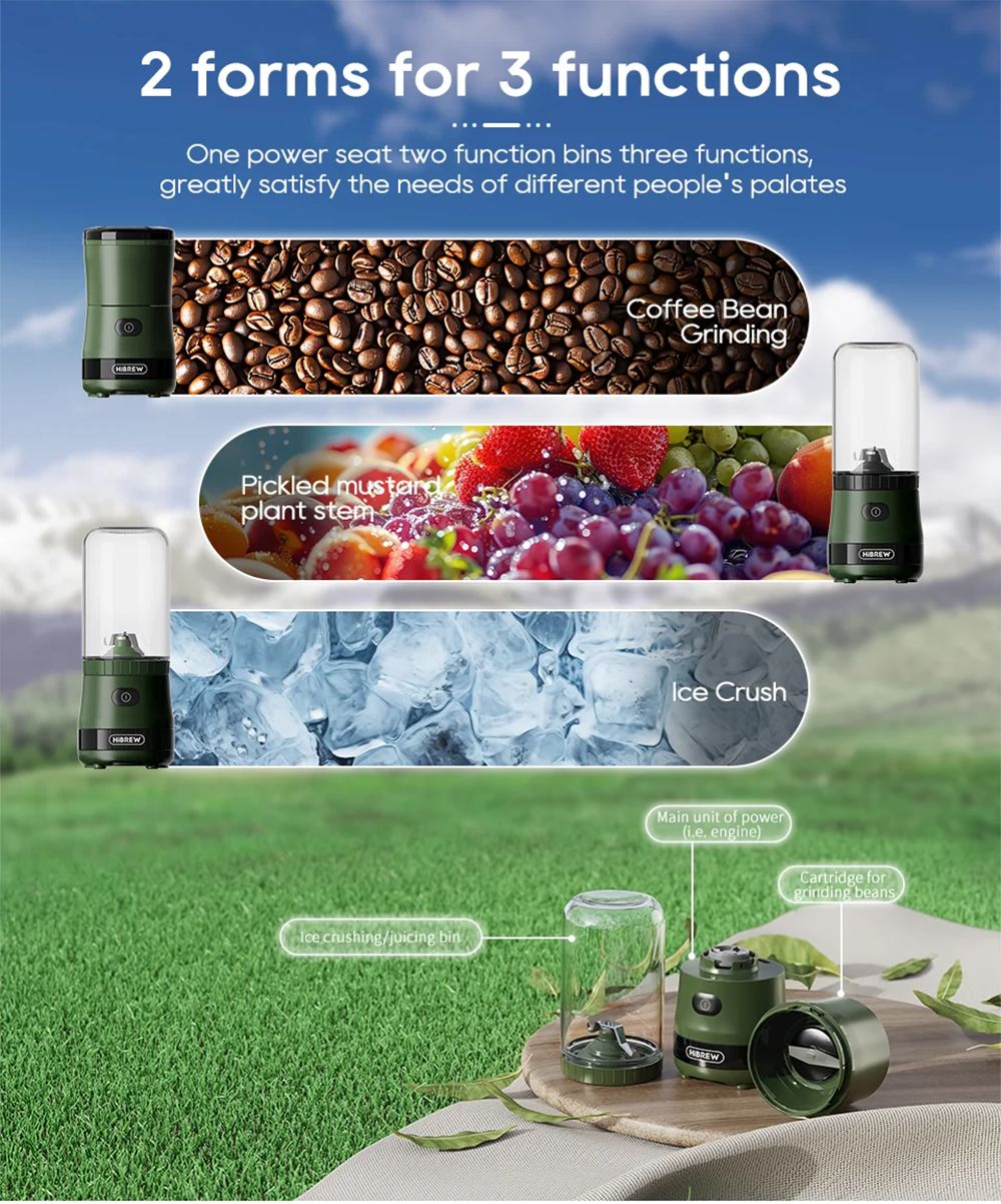Mlýnek na kávu HiBREW G2 3v1, 2000mAh dvojitý šálek, mixéry na ovoce, odšťavňovače, mixér, drtič ledu, na kempování nebo cesty
