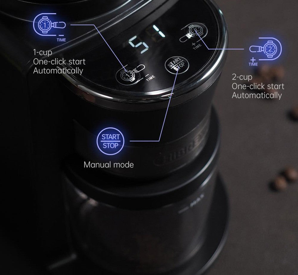 Elektrický mlýnek na kávu HiBREW G3, 34stupňová stupnice, zásobník na 210 g kávových zrn, zásobník na 100 g prášek, 48mm kónický mlecí kamen, antistatická funkce, manuální/automatický režim