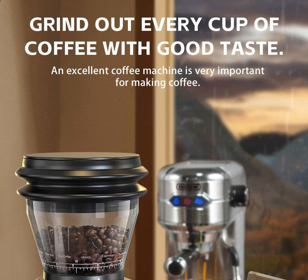 Elektrický mlýnek na kávu HiBREW G3, 34stupňová stupnice, zásobník na 210 g kávových zrn, zásobník na 100 g prášek, 48mm kónický mlecí kamen, antistatická funkce, manuální/automatický režim