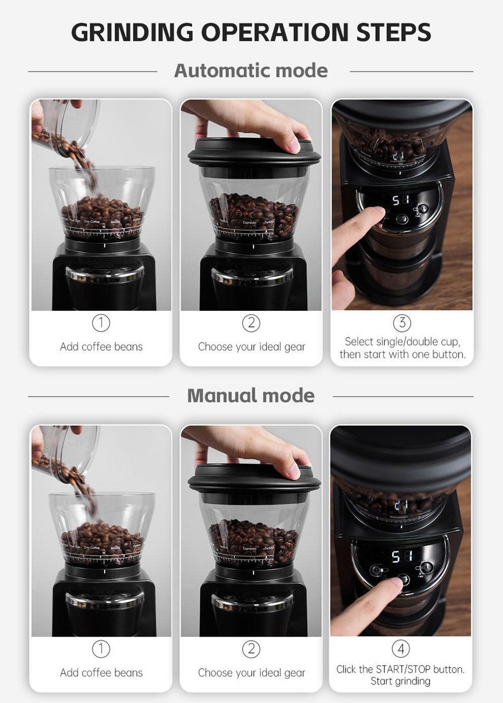 Elektrický mlýnek na kávu HiBREW G3, 34stupňová stupnice, zásobník na 210 g kávových zrn, zásobník na 100 g prášek, 48mm kónický mlecí kamen, antistatická funkce, manuální/automatický režim