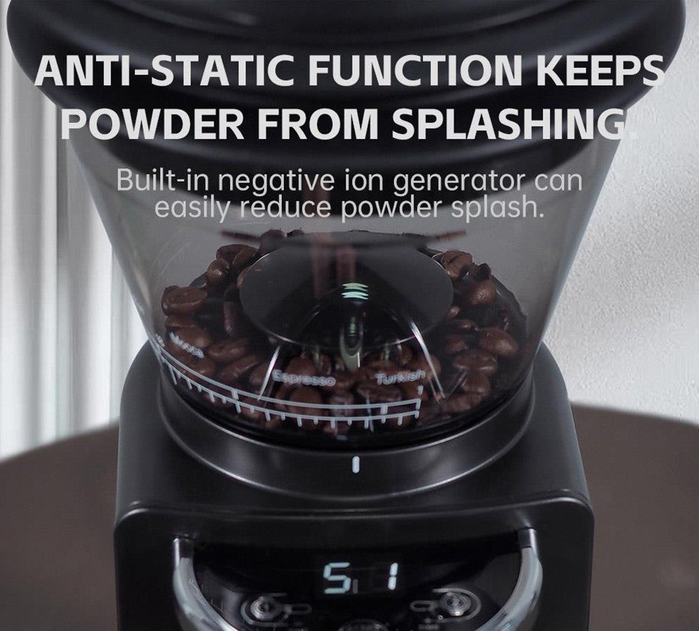 Elektrický mlýnek na kávu HiBREW G3, 34stupňová stupnice, zásobník na 210 g kávových zrn, zásobník na 100 g prášek, 48mm kónický mlecí kamen, antistatická funkce, manuální/automatický režim