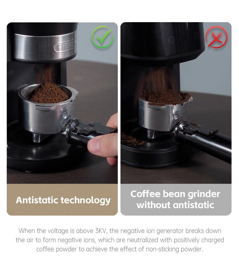 Elektrický mlýnek na kávu HiBREW G3, 34stupňová stupnice, zásobník na 210 g kávových zrn, zásobník na 100 g prášek, 48mm kónický mlecí kamen, antistatická funkce, manuální/automatický režim