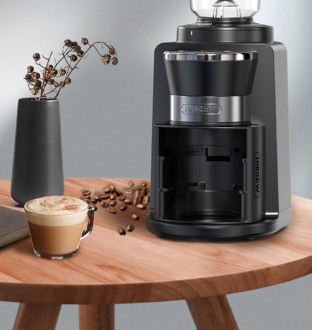 Mlýnek na kávu HiBREW G3A, kónický mlecí strojek 40 mm, ventilátor, 31stupňová stupnice, paměť a antistatická funkce, manuální a automatický, vizuální ukládání kávových zrn, béžová
