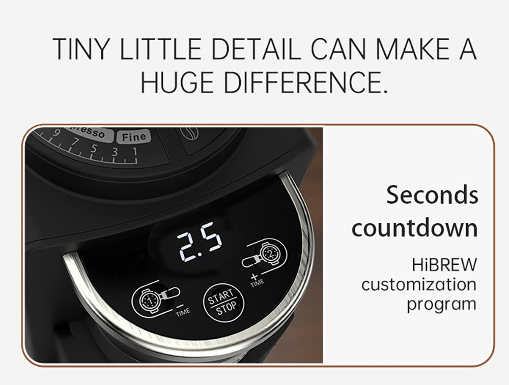 Mlýnek na kávu HiBREW G3A, kónický mlecí strojek 40 mm, ventilátor, 31stupňová stupnice, paměť a antistatická funkce, manuální a automatický, vizuální ukládání kávových zrn, béžová