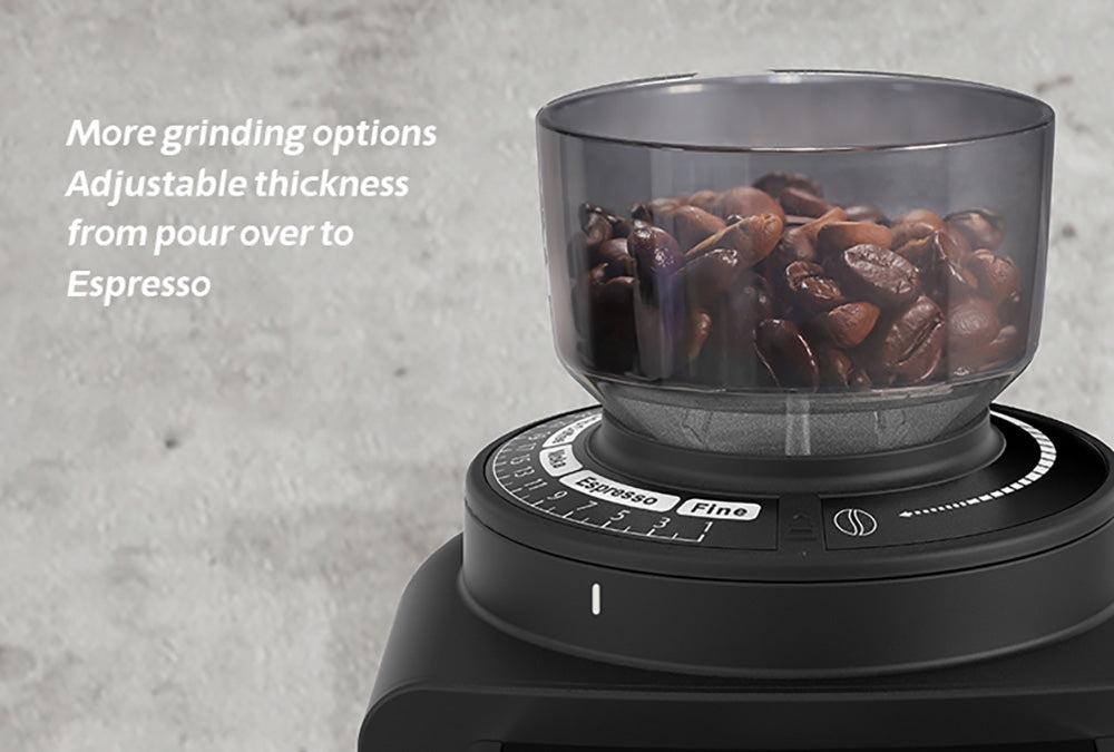 Mlýnek na kávu HiBREW G3A, kónický mlecí strojek 40 mm, ventilátor, 31stupňová stupnice, paměť a antistatická funkce, manuální a automatický, vizuální ukládání kávových zrn, béžová