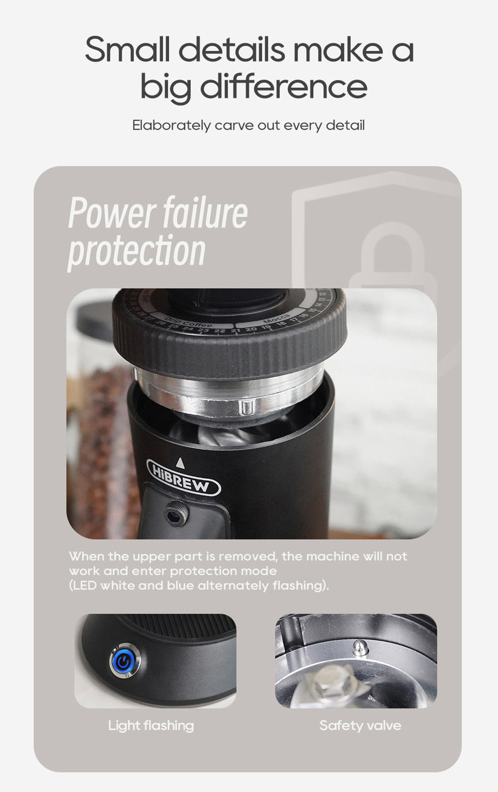 Elektrický mlýnek na kávu HiBREW G5, kónický mlecí strojek 48 mm, 36 převodů, nastavitelný mletí, pro espresso/tureckou/pour over/mocca/drip kávu