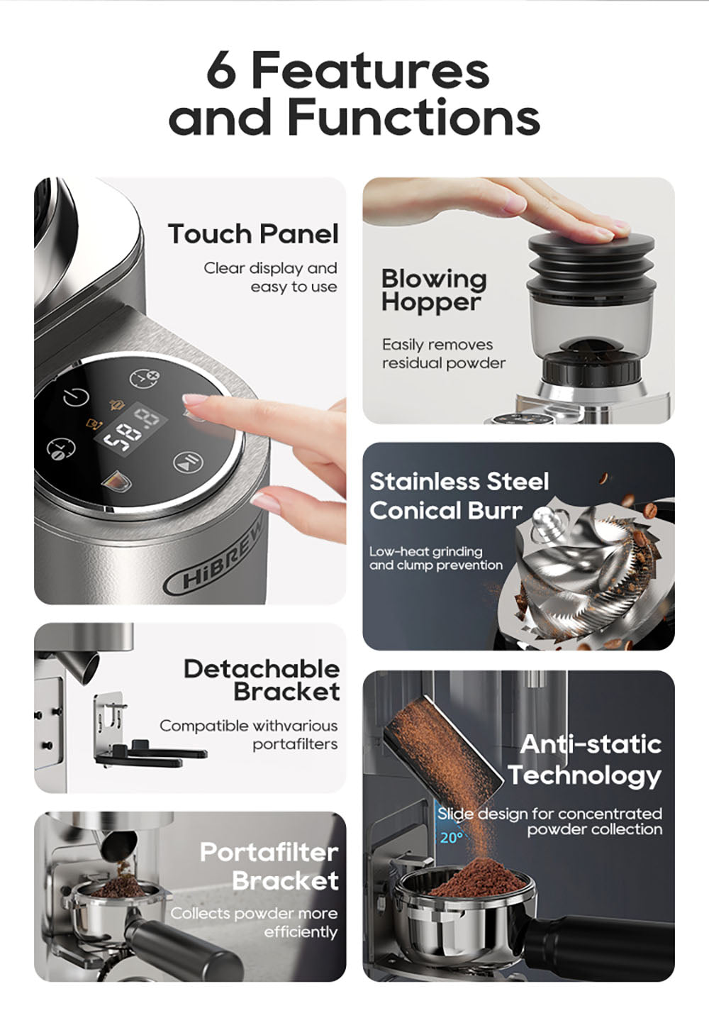 Mlýnek na kávu HiBREW G7, 48 nastavení mletí, antistatická technologie, kónický mlecí kotouč z nerezové oceli, dotykový panel, kompatibilní s portafiltry 51/54/58 mm, mletí kávy bez použití rukou