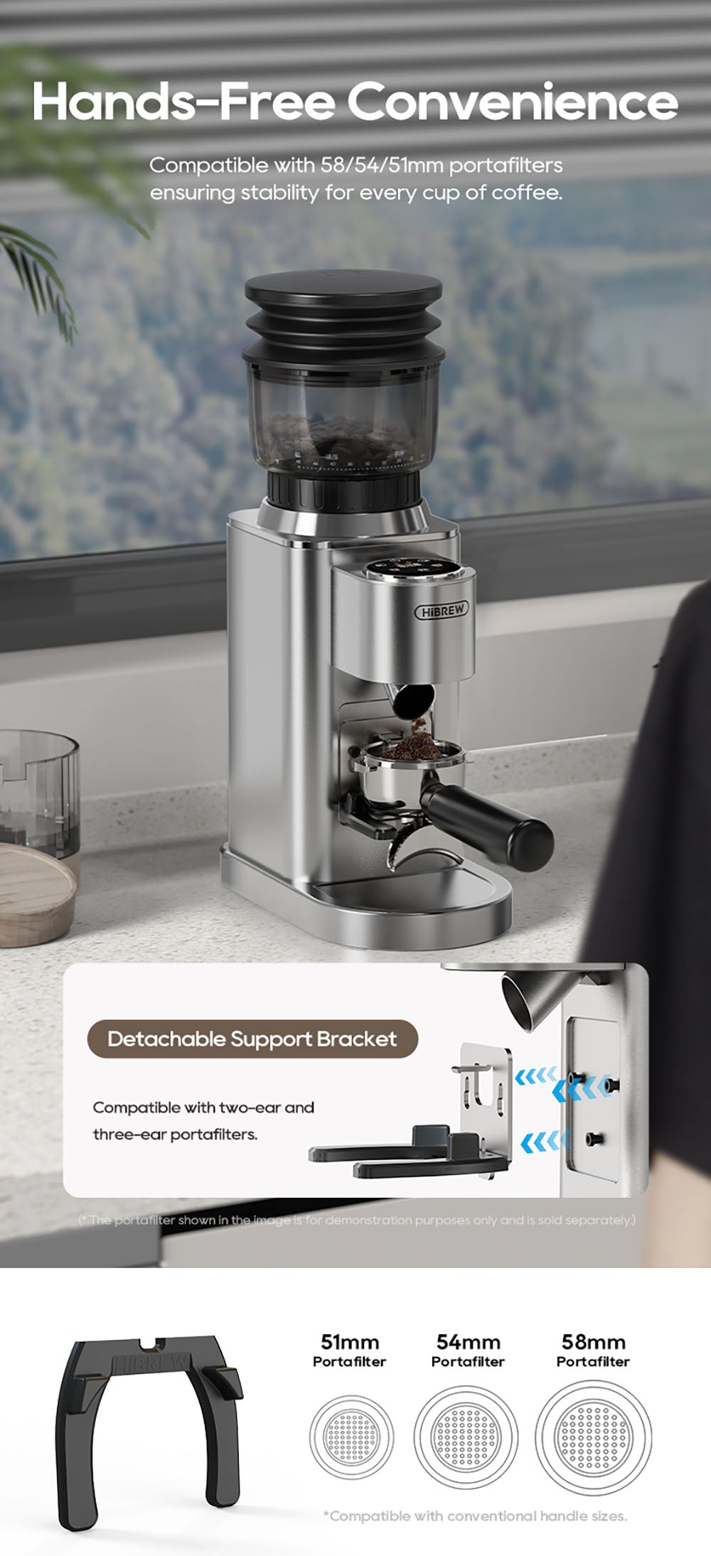 Mlýnek na kávu HiBREW G7, 48 nastavení mletí, antistatická technologie, kónický mlecí kotouč z nerezové oceli, dotykový panel, kompatibilní s portafiltry 51/54/58 mm, mletí kávy bez použití rukou