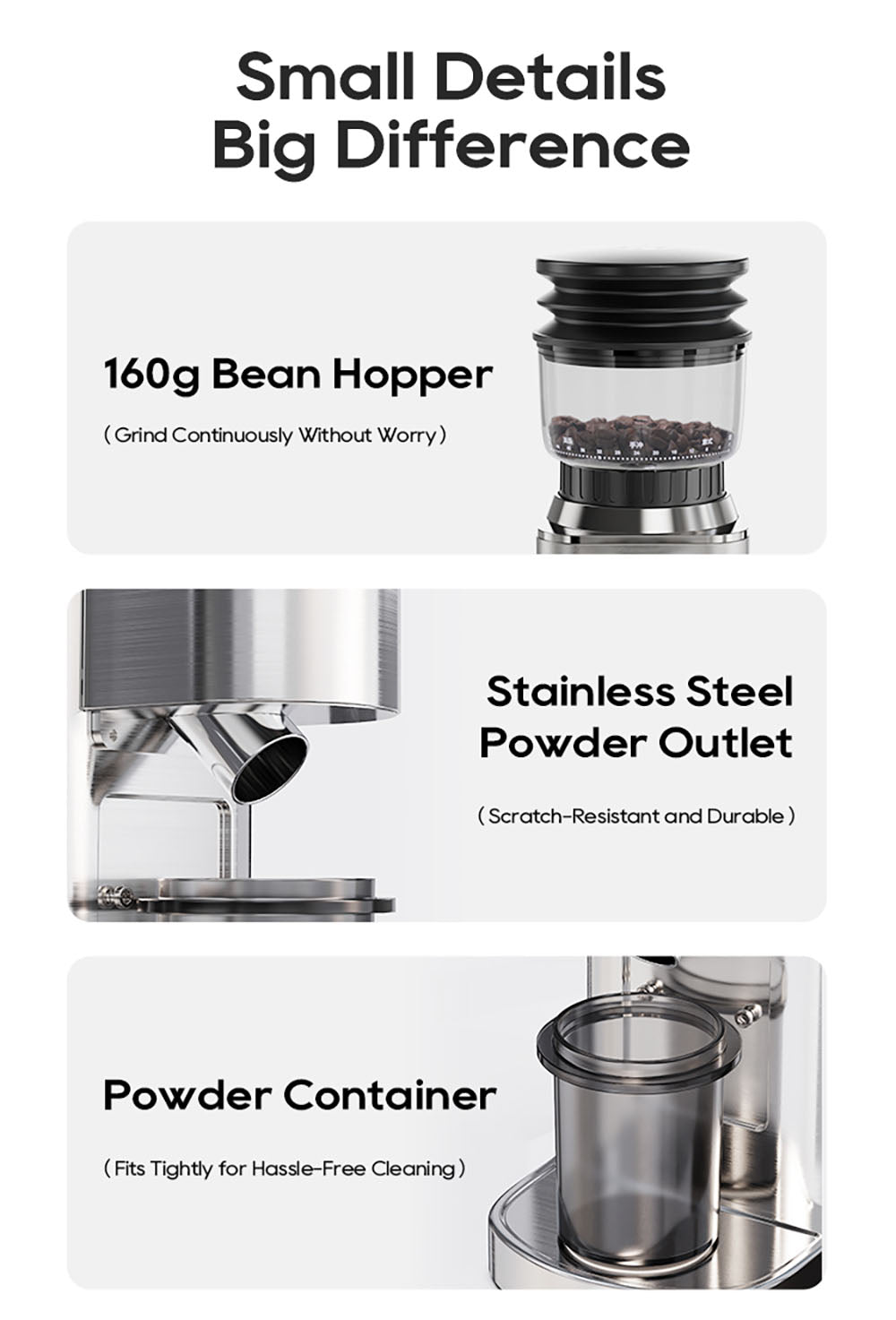 Mlýnek na kávu HiBREW G7, 48 nastavení mletí, antistatická technologie, kónický mlecí kotouč z nerezové oceli, dotykový panel, kompatibilní s portafiltry 51/54/58 mm, mletí kávy bez použití rukou