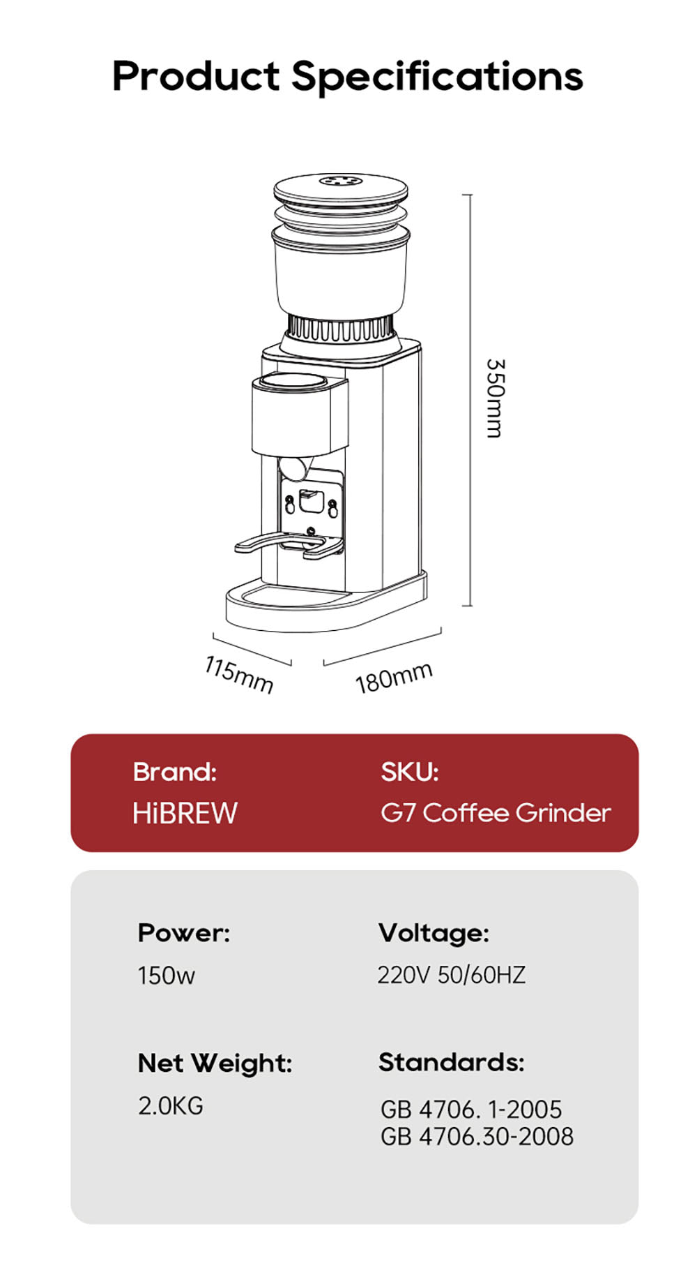 Mlýnek na kávu HiBREW G7, 48 nastavení mletí, antistatická technologie, kónický mlecí kotouč z nerezové oceli, dotykový panel, kompatibilní s portafiltry 51/54/58 mm, mletí kávy bez použití rukou