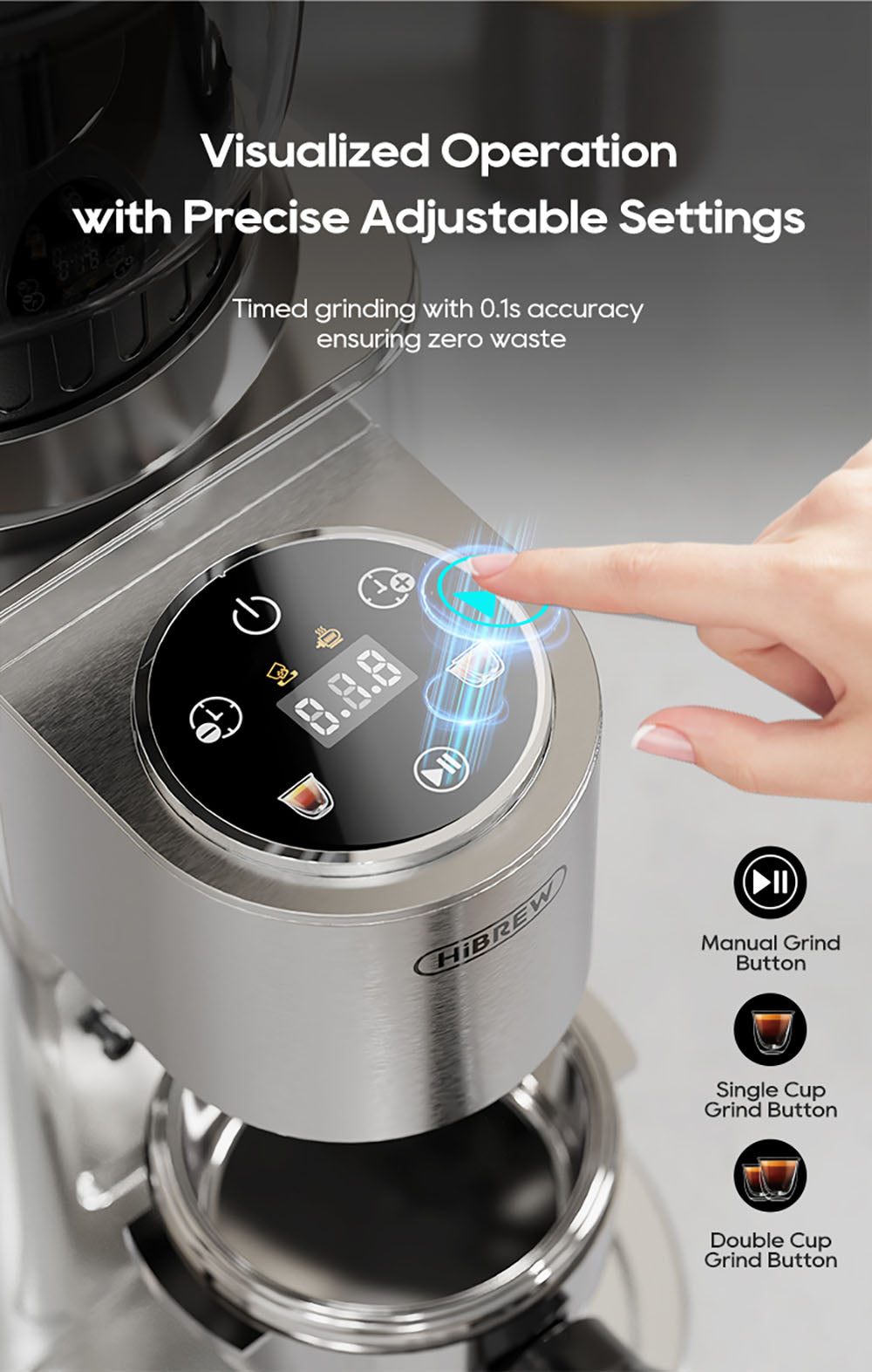 Mlýnek na kávu HiBREW G7, 48 nastavení mletí, antistatická technologie, kónický mlecí kotouč z nerezové oceli, dotykový panel, kompatibilní s portafiltry 51/54/58 mm, mletí kávy bez použití rukou